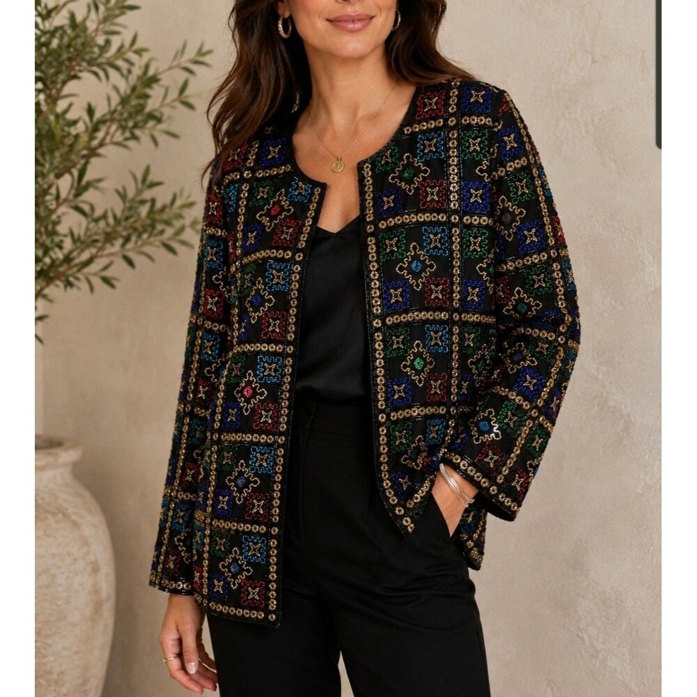 Night Vogue Vintage Womens Sequin Beaded Silk Colorful Blazer Jacket XXL